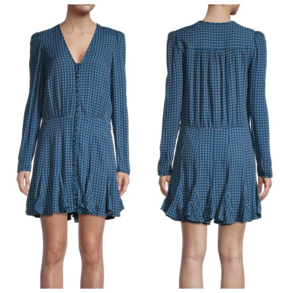 Veronica Beard Riggins Dot Floral Mini Dress Navy Geometric Long Sleeve 10